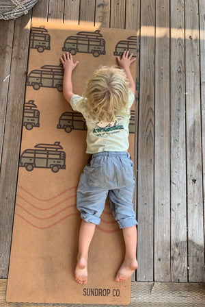 Surfs Up! Camper Van Kids Yoga Mat, 100% Sustainable cork and rubber children's yoga and activity mat.